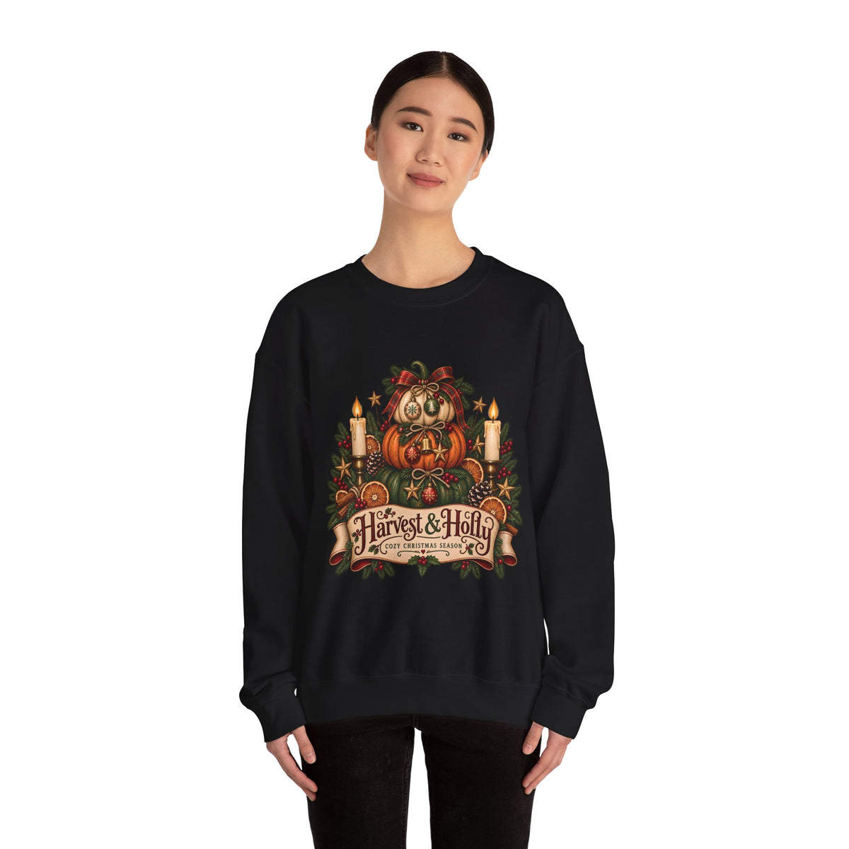 Harvest & Holly Crewneck Sweatshirt — Vintage Pumpkin Fall Graphic Sweatshirt