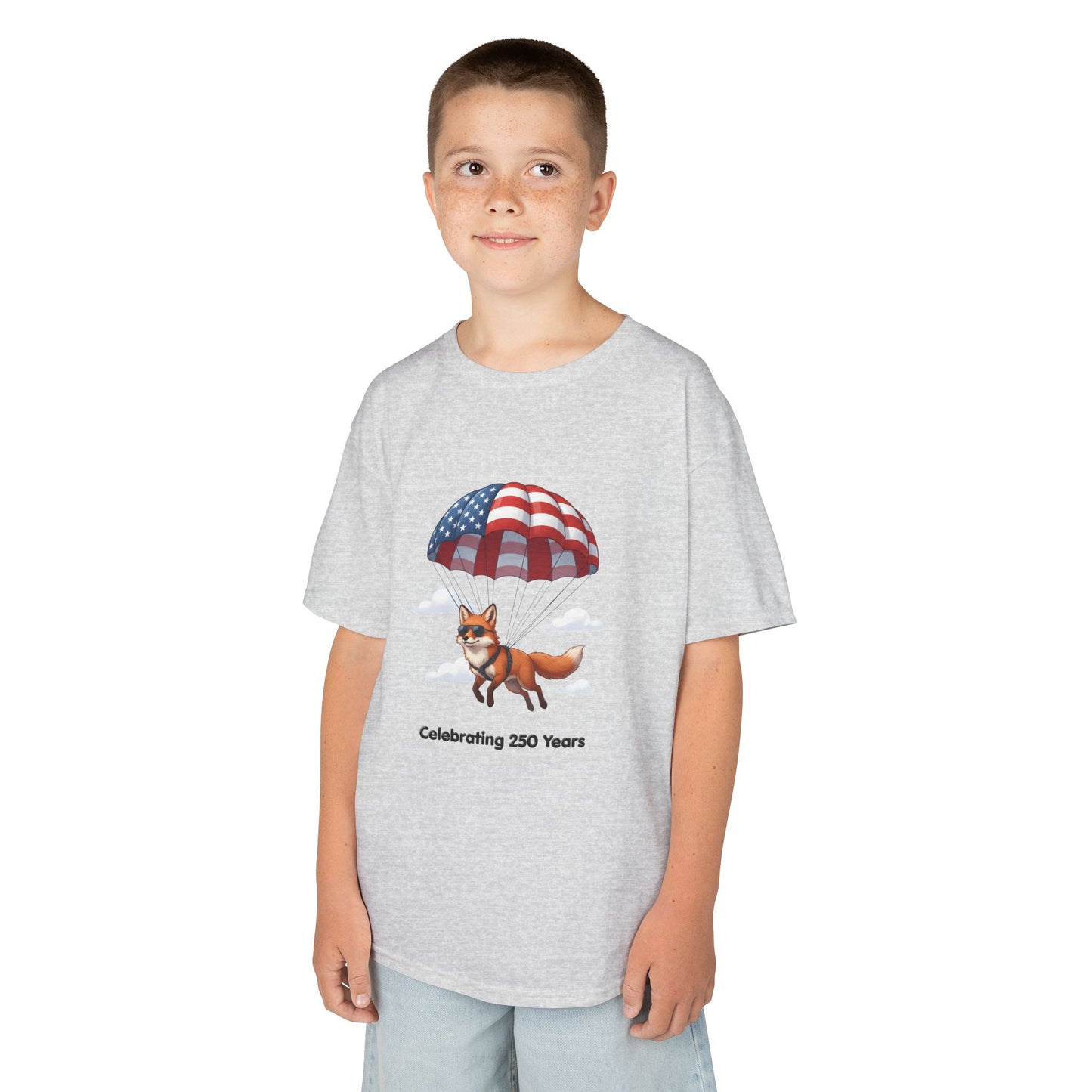 Kids Tee — Patriotic Fox with Parachute - “Celebrating 250 Years”