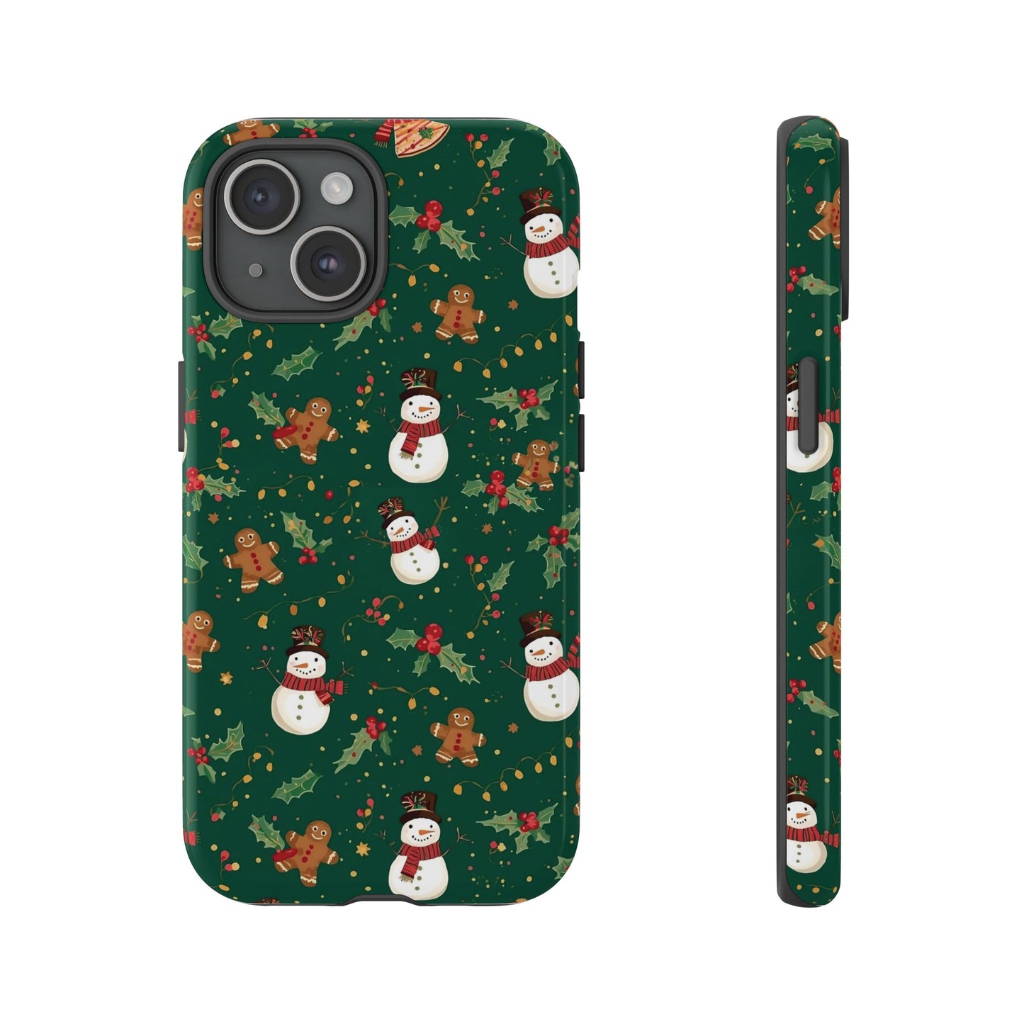Christmas Phone Case with Snowmen and Gingerbread Design, Dual Layer Phone Case for Iphone 17, 16, 15, 14, 13, 12, 11 & Samsung