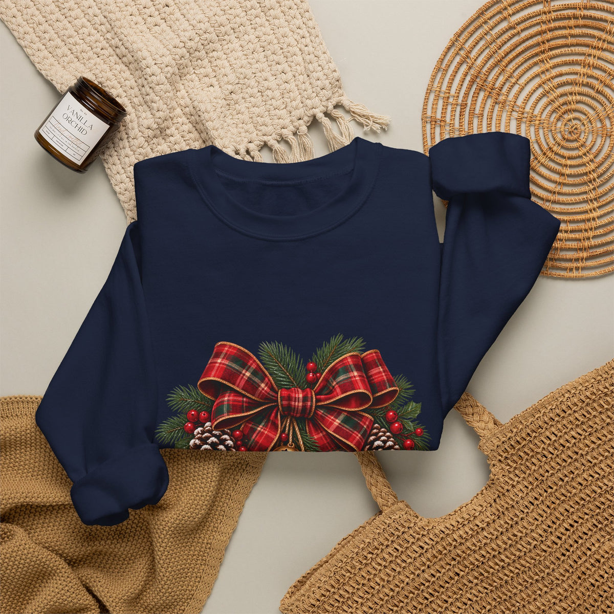 Christmas Plaid Bow Sweatshirt - Holiday Pinecone & Jingle Bells Crewneck