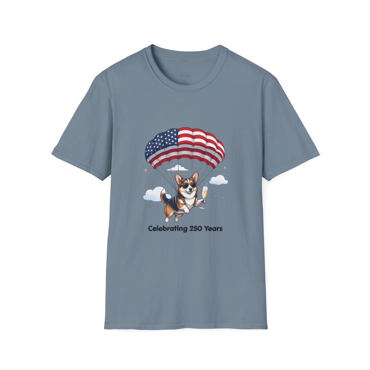 Corgi Parachute American Flag T-Shirt — "Celebrating 250 Years" Patriotic Tee