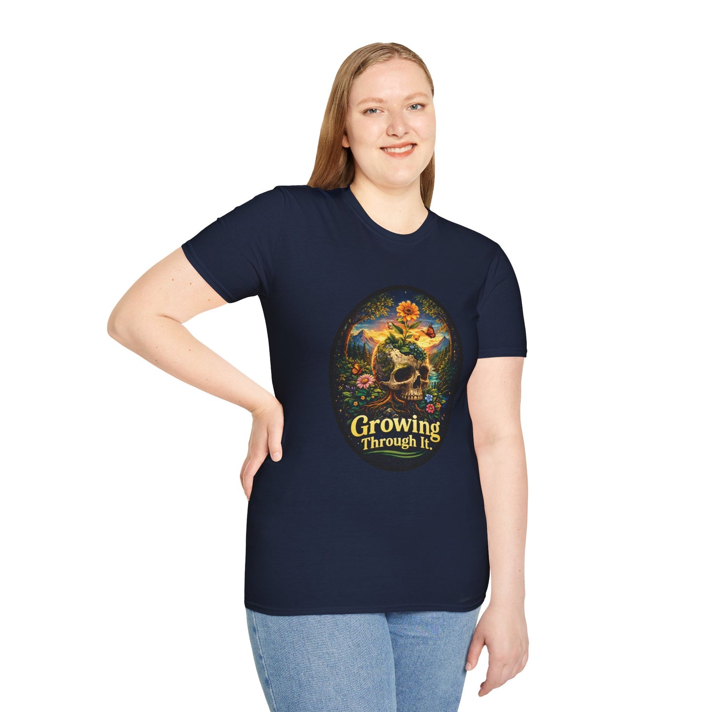 Growing Through It T-Shirt – Earth Day Nature Skull Graphic Tee | Mental Growth & Healing Shirt | Botanical Aesthetic Unisex Tee