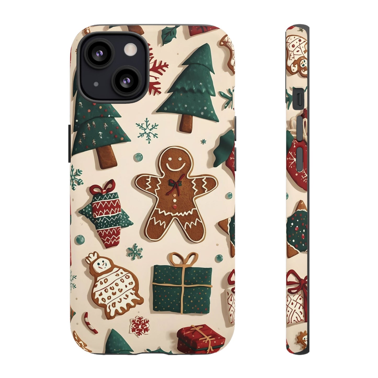 Christmas Phone Case with Gingerbread and Christmas Tree Design, Dual Layer Case for Iphone 17, 16, 15, 14, 13, 12, 11 & Samsung