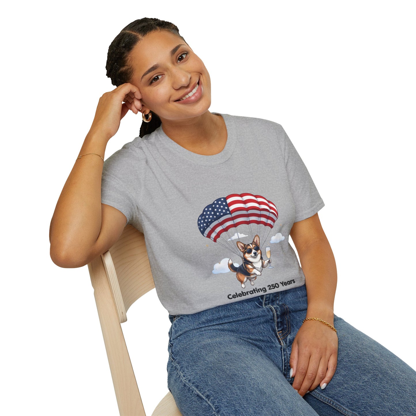 Corgi Parachute American Flag T-Shirt — "Celebrating 250 Years" Patriotic Tee