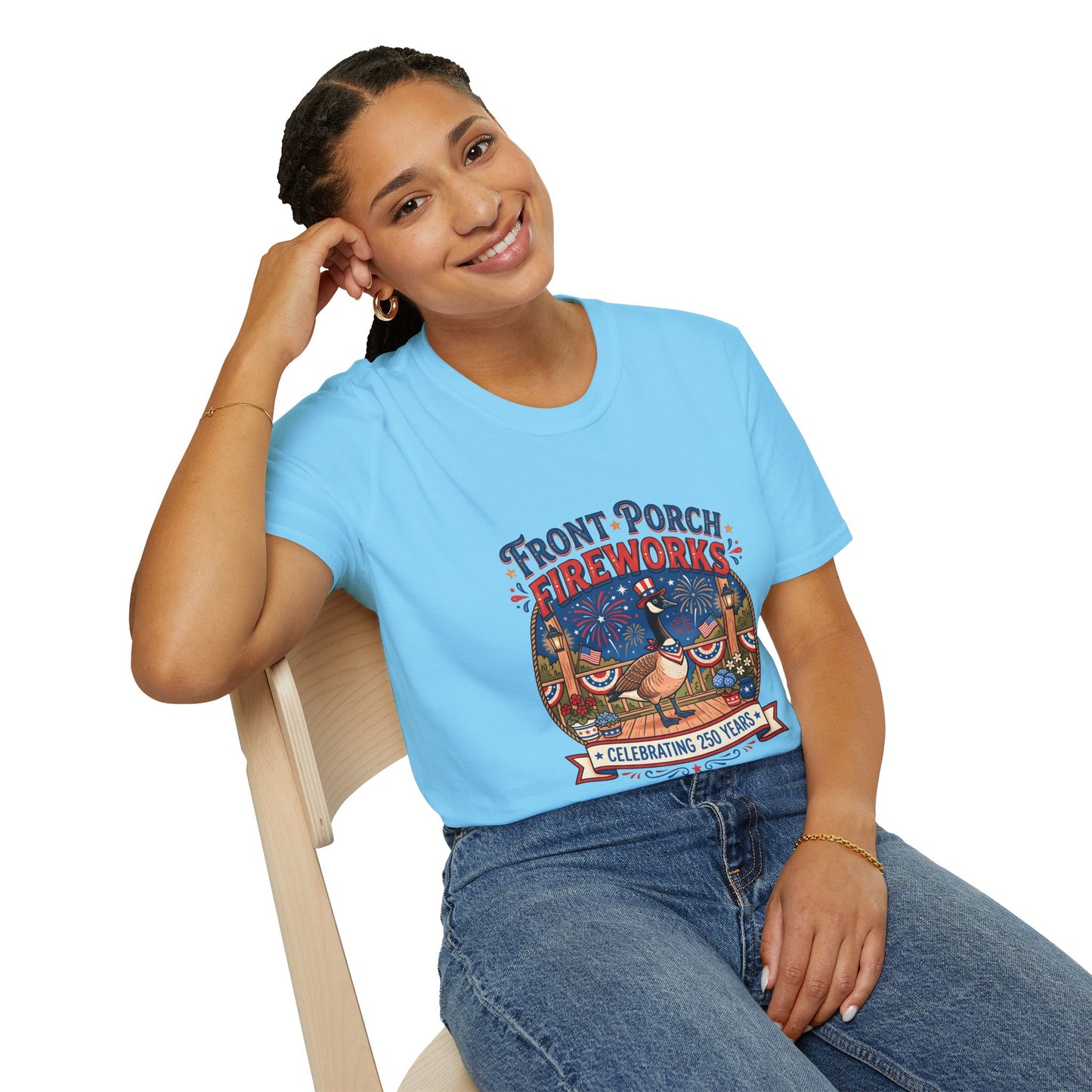 Front Porch Fireworks, Goose T-Shirt — Patriotic 4th of July Celebration Tee