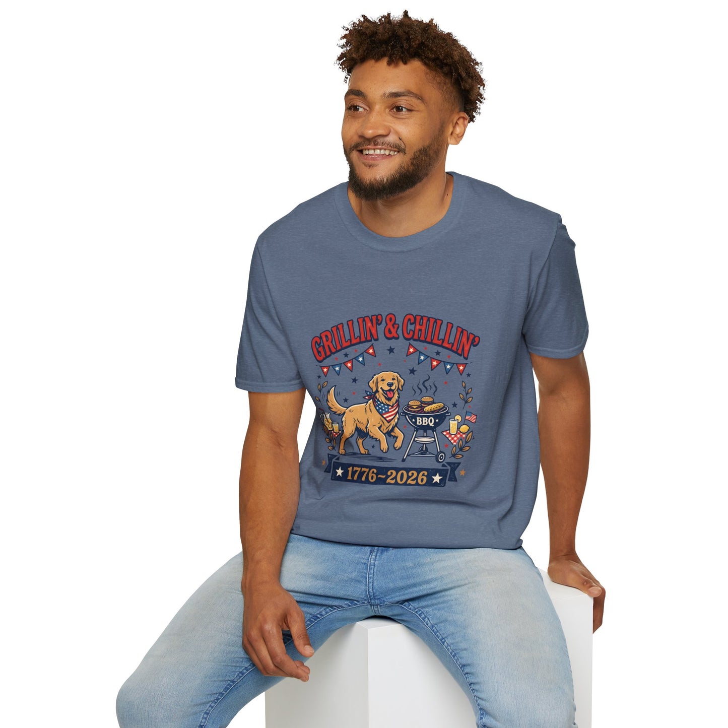 Grillin' & Chillin' BBQ Dog T-Shirt — 1776-2026 Patriotic Summer Tee, 4th of July Shirt, Independence Day Tee