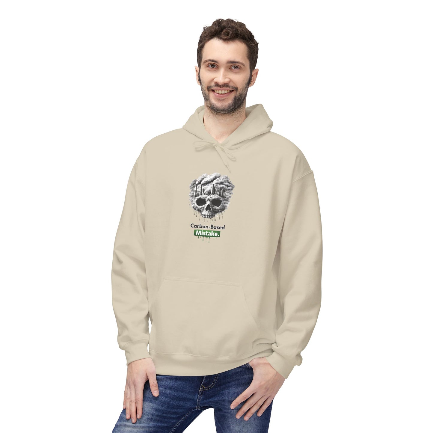 Unisex Hoodie — “Carbon-Based Mistake” Graphic Pullover, Gift for Earth Day, Sarcastic Hoodie