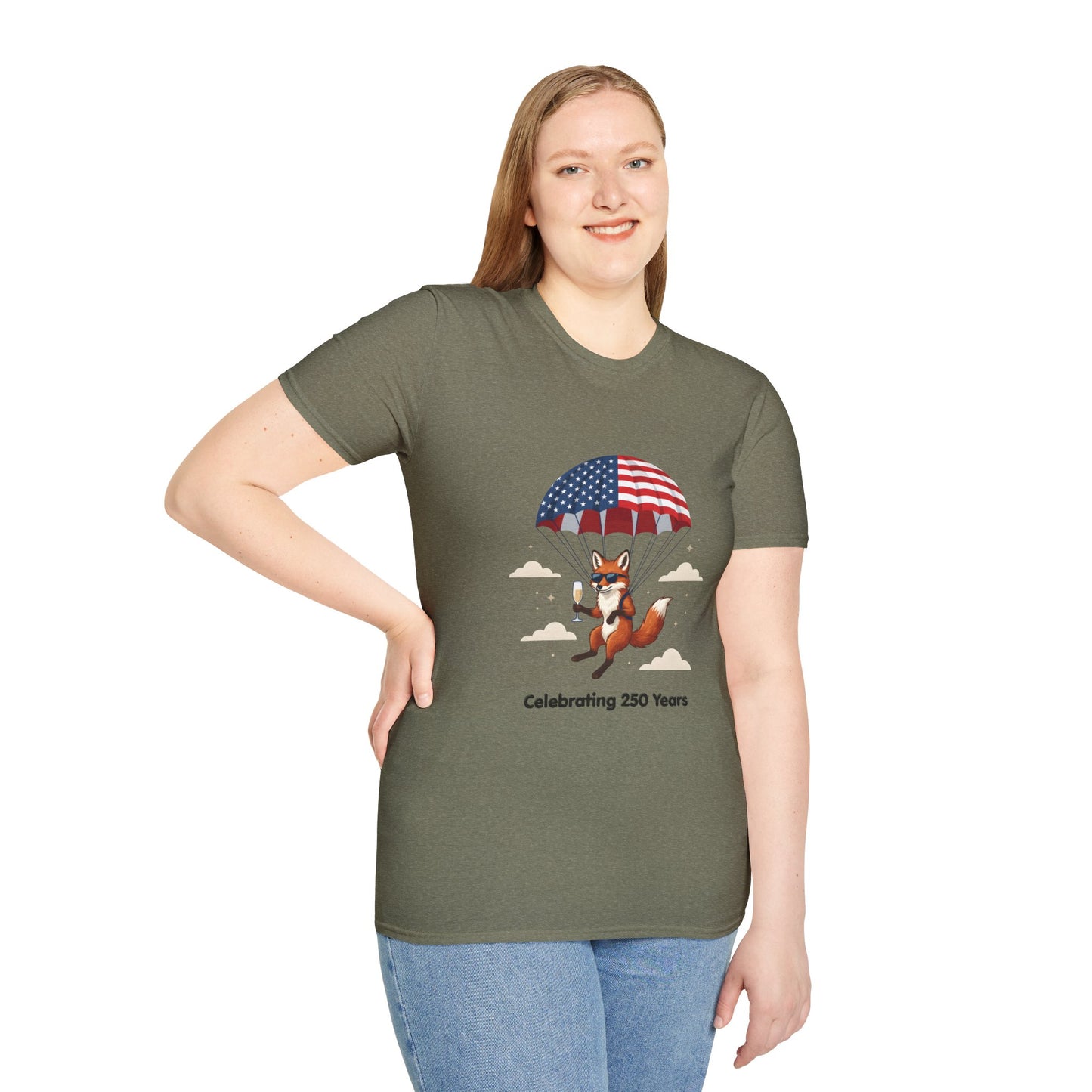 Patriotic Fox Parachute T-Shirt — "Celebrating 250 Years" Anniversary Tee