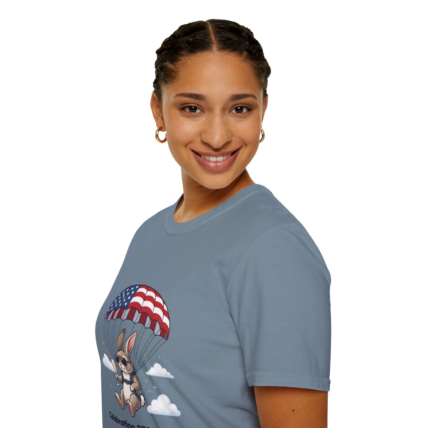 Patriotic Parachuting Bunny T-Shirt — "Celebrating 250 Years"
