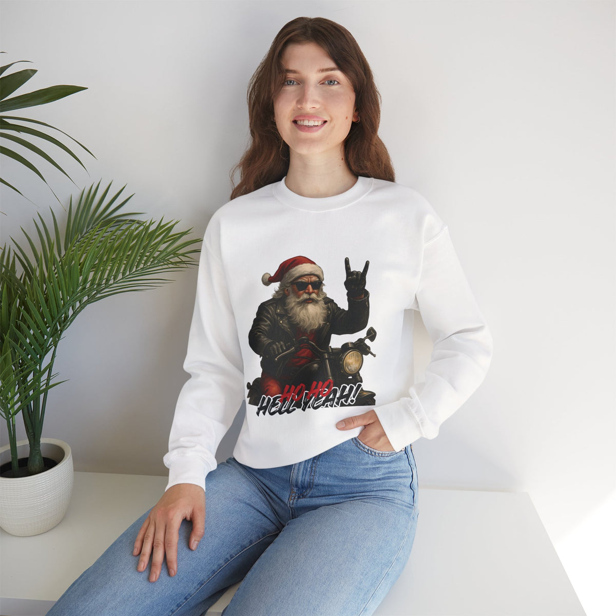 Santa Biker Crewneck Sweatshirt – 'Ho Ho Hell Yeah' Christmas Motorcycle Pullover