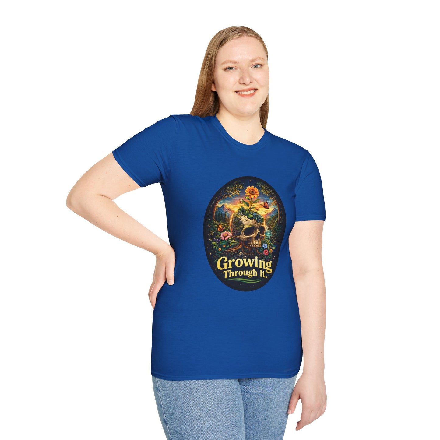 Growing Through It T-Shirt – Earth Day Nature Skull Graphic Tee | Mental Growth & Healing Shirt | Botanical Aesthetic Unisex Tee