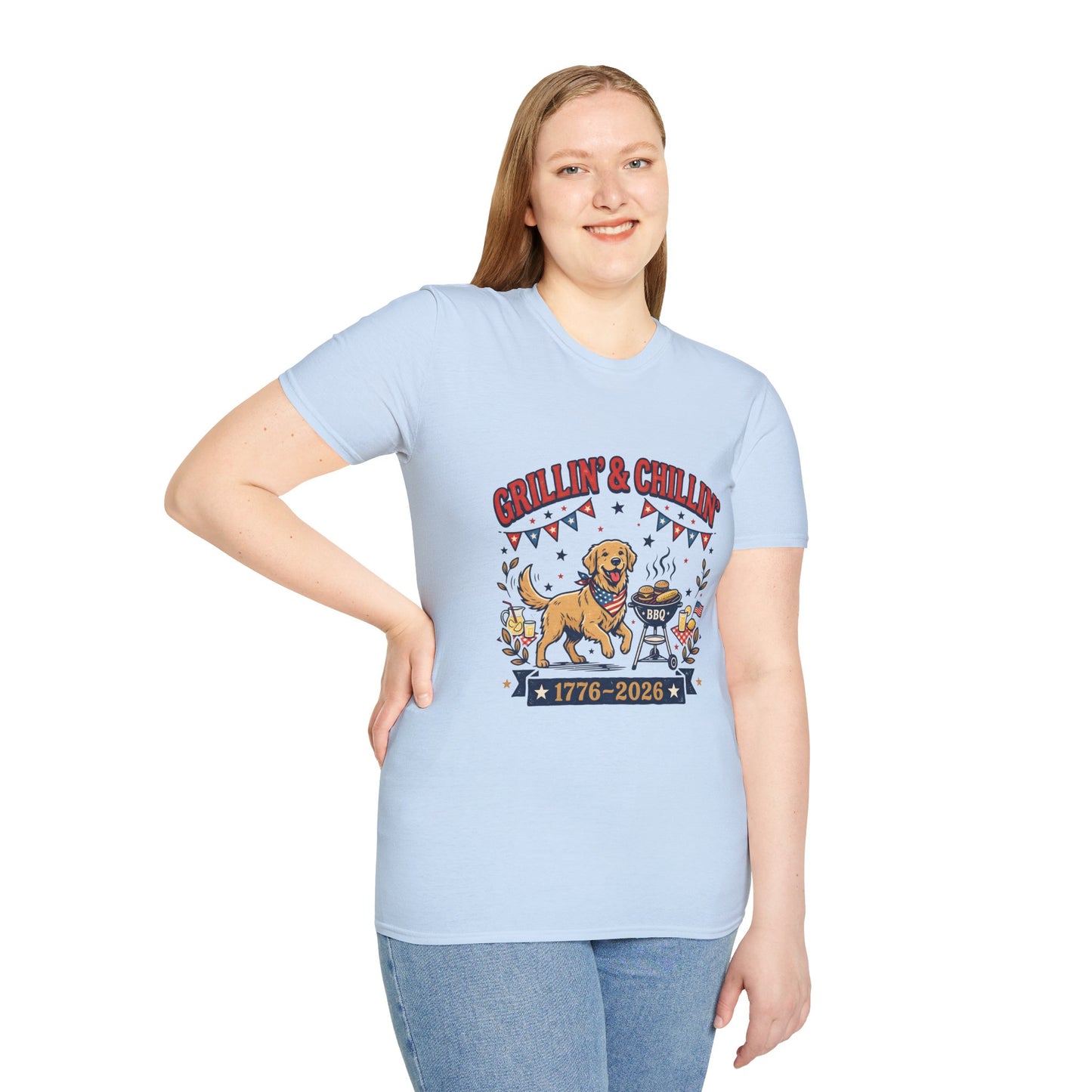 Grillin' & Chillin' BBQ Dog T-Shirt — 1776-2026 Patriotic Summer Tee, 4th of July Shirt, Independence Day Tee