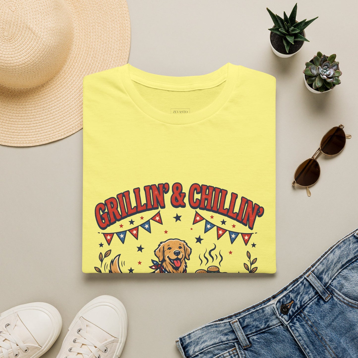 Grillin' & Chillin' BBQ Dog T-Shirt — 1776-2026 Patriotic Summer Tee, 4th of July Shirt, Independence Day Tee