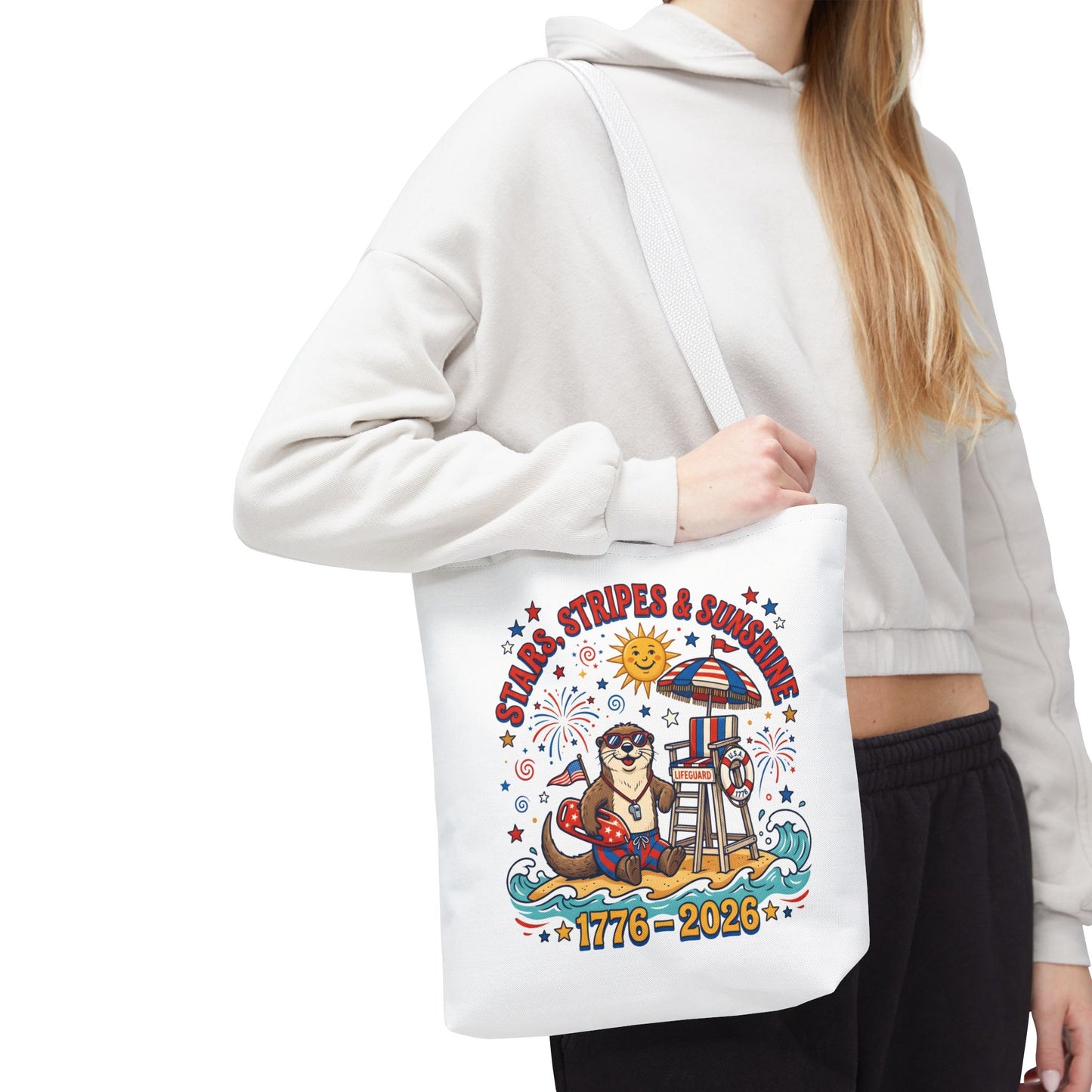 Stars, Stripes & Sunshine Tote Bag — 1776–2026 Patriotic Summer Beach Tote, 4th of July Tote