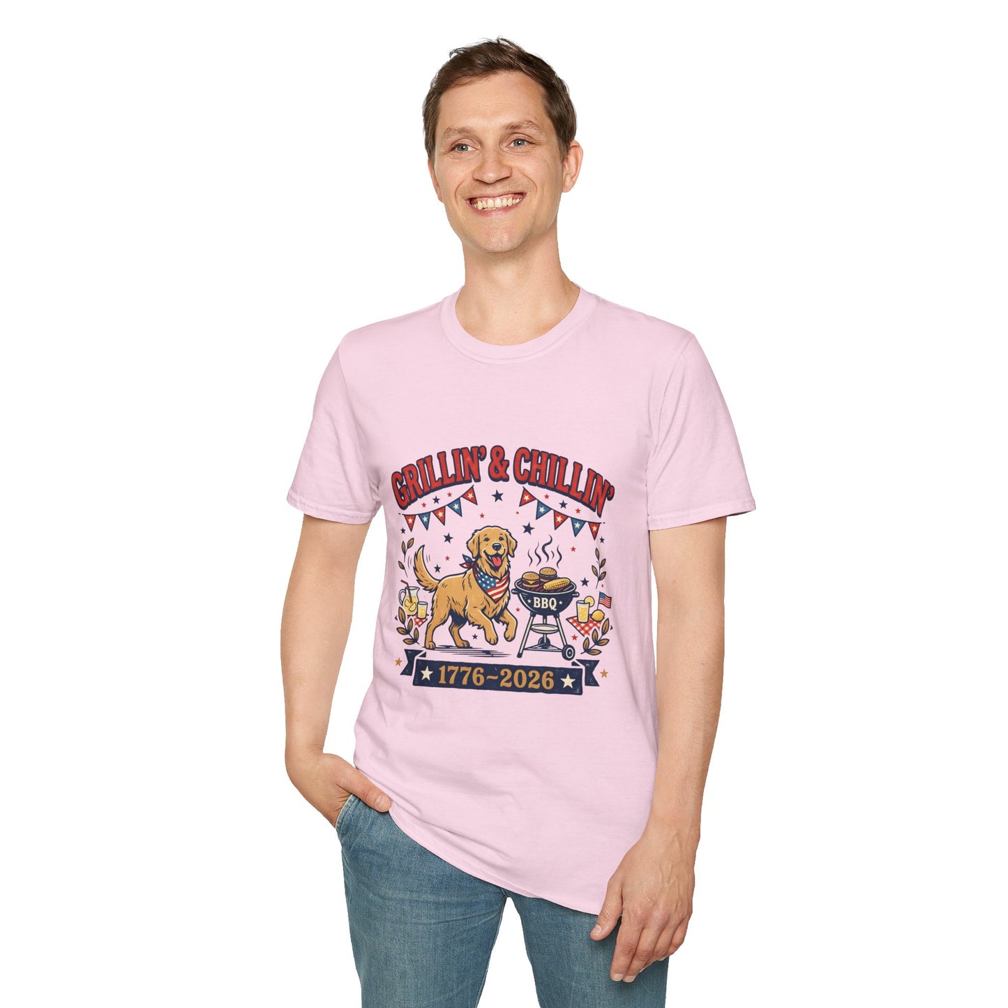 Grillin' & Chillin' BBQ Dog T-Shirt — 1776-2026 Patriotic Summer Tee, 4th of July Shirt, Independence Day Tee