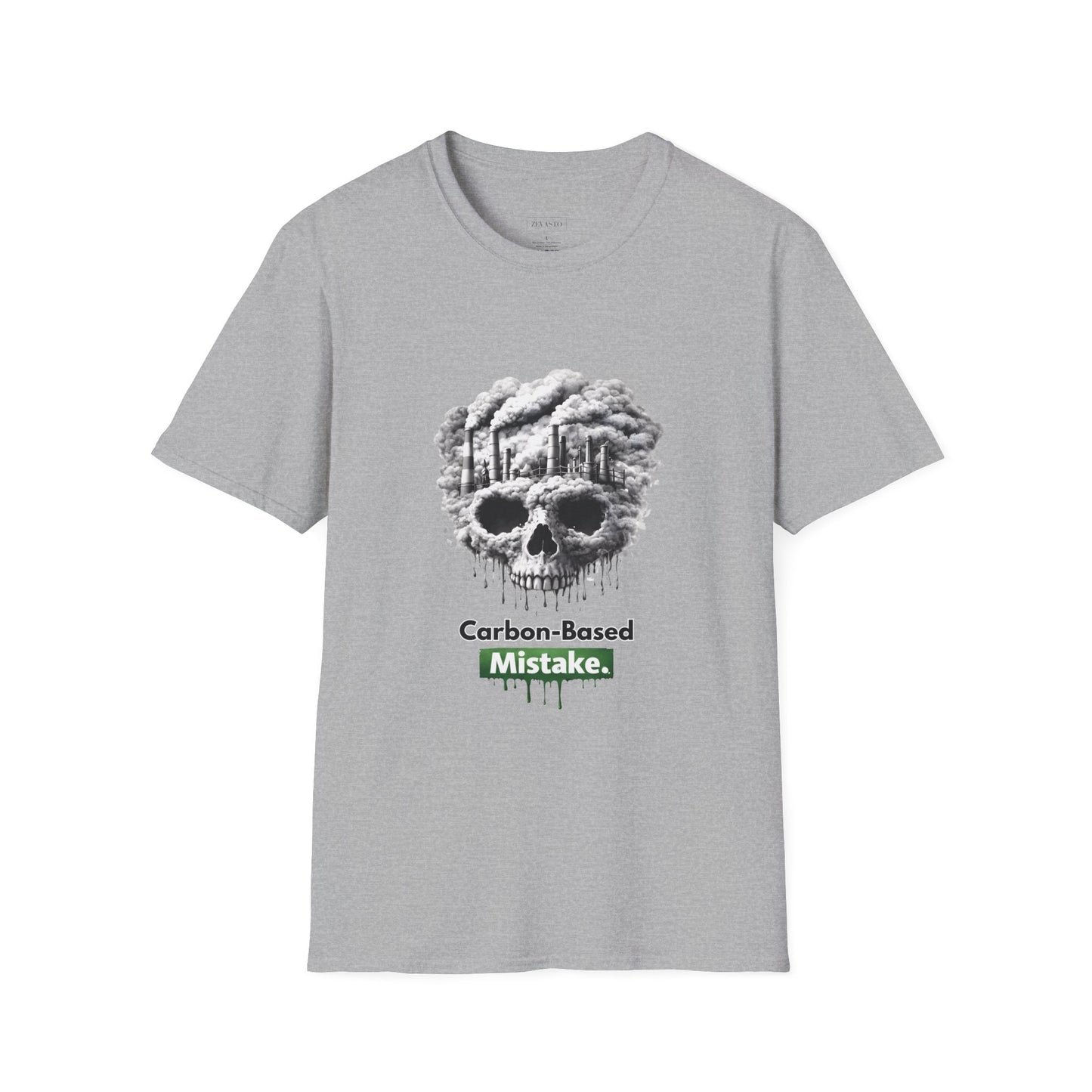 Carbon-Based Mistake Skull T-Shirt — Dark Humor Graphic Tee for Earth Day