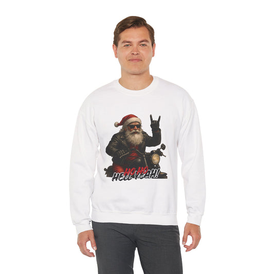 Santa Biker Crewneck Sweatshirt – 'Ho Ho Hell Yeah' Christmas Motorcycle Pullover