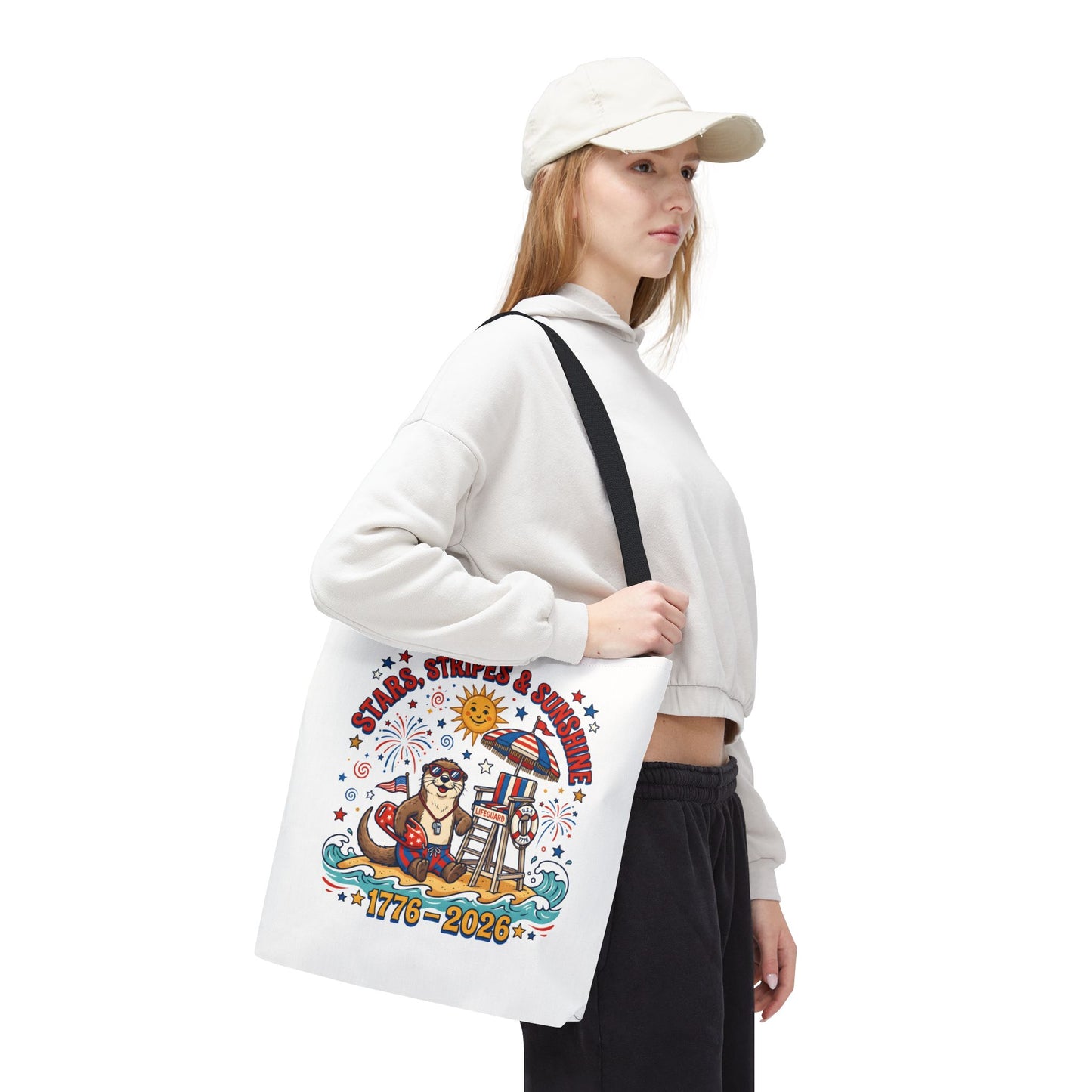 Stars, Stripes & Sunshine Tote Bag — 1776–2026 Patriotic Summer Beach Tote, 4th of July Tote
