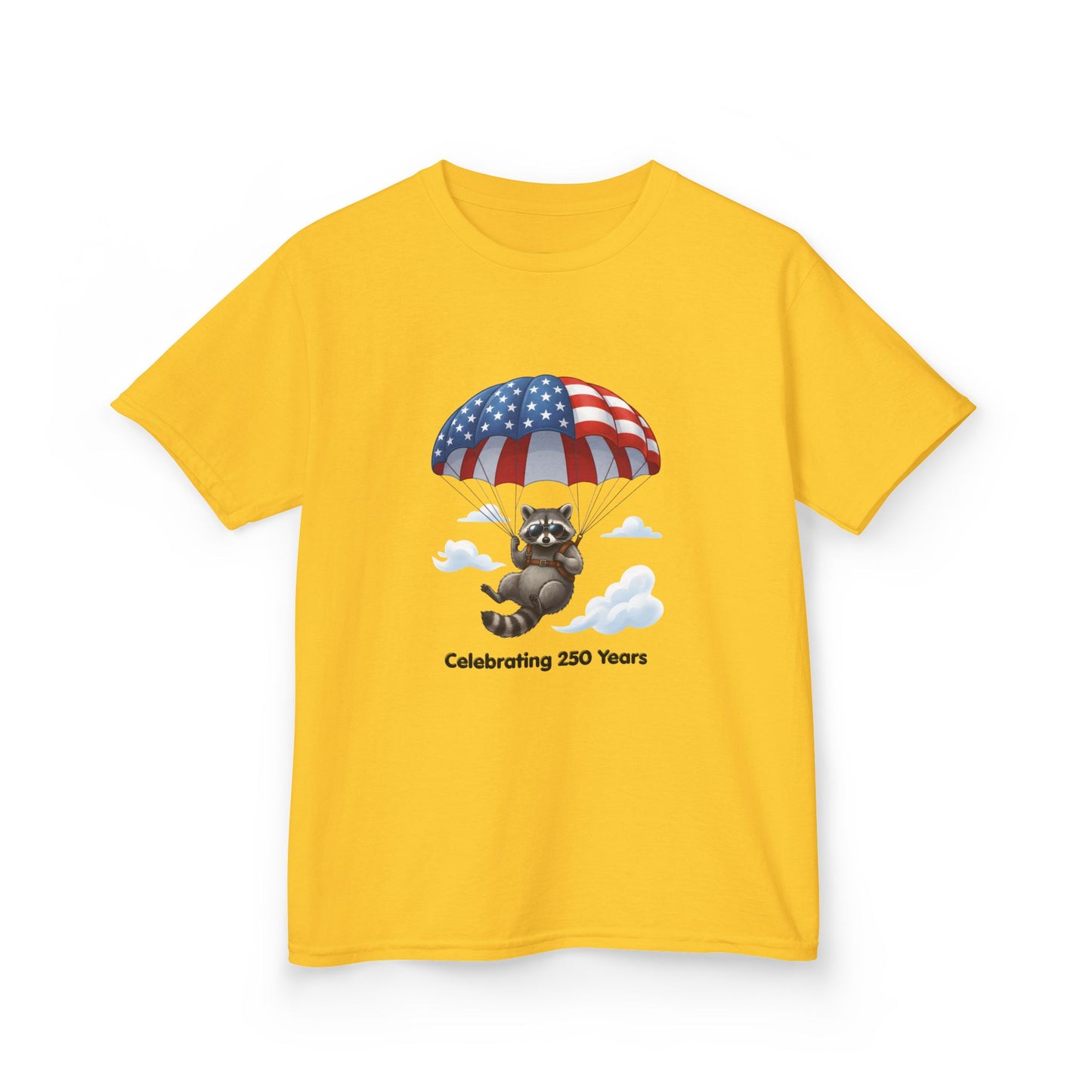 Kids T-Shirt — Patriotic Raccoon Parachute “Celebrating 250 Years”