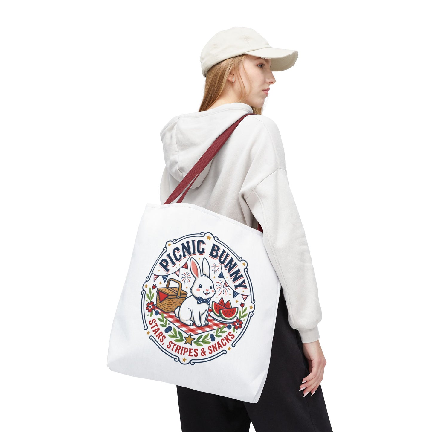 Patriotic Picnic Bunny Tote Bag — ‘Stars, Stripes & Snacks’ Cute Rabbit Picnic Tote, 4th of July Tote