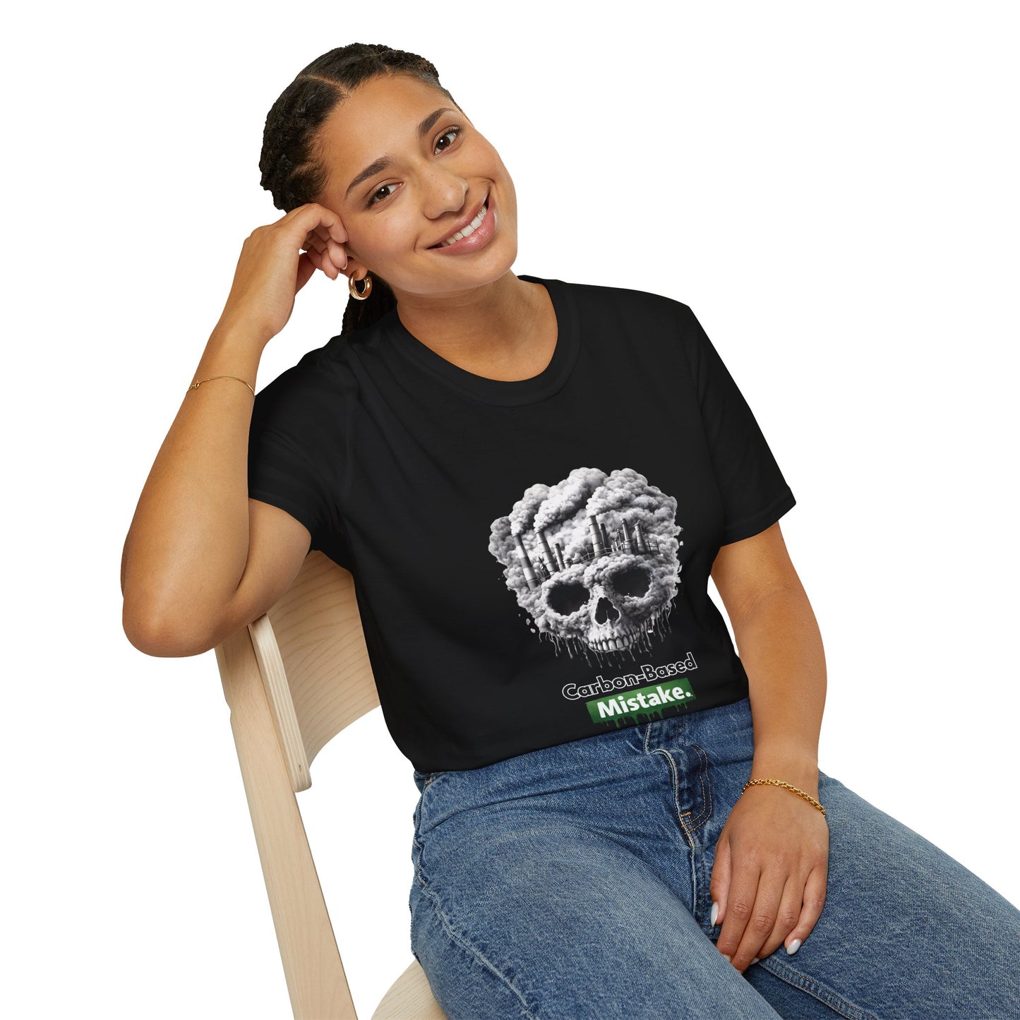 Carbon-Based Mistake Skull T-Shirt — Dark Humor Graphic Tee for Earth Day
