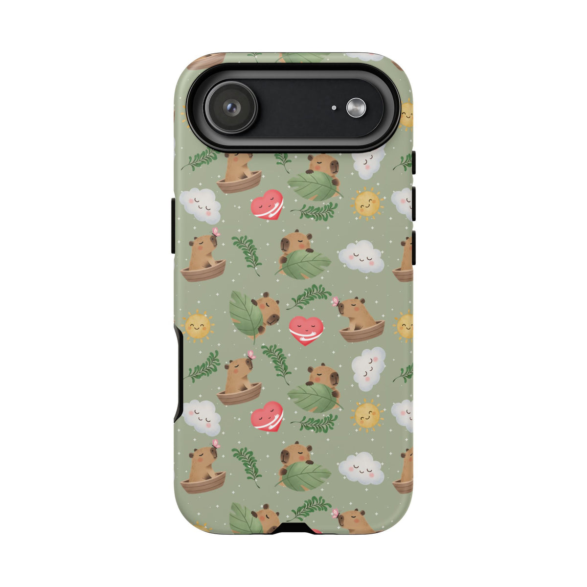 Cute Capybara Pattern Phone Case — Green Botanical Tough Case