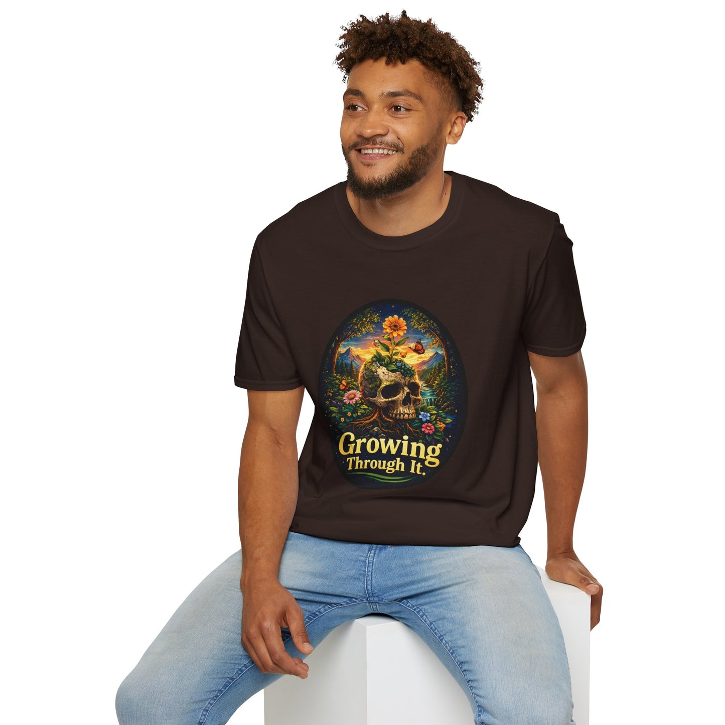 Growing Through It T-Shirt – Earth Day Nature Skull Graphic Tee | Mental Growth & Healing Shirt | Botanical Aesthetic Unisex Tee