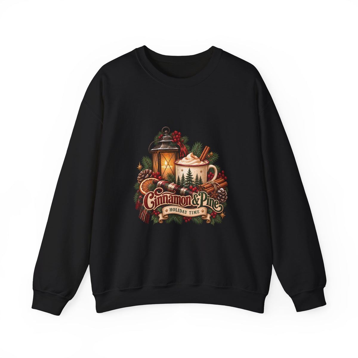 Cinnamon & Pine Crewneck Sweatshirt — Cozy Holiday Lantern Design Sweatshirt