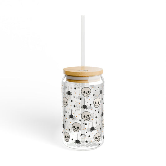 Skull Pattern Sipper Glass - 16oz, Cool Drinkware, Unique Gift, Halloween Decor, Party Supplies, Eco-Friendly