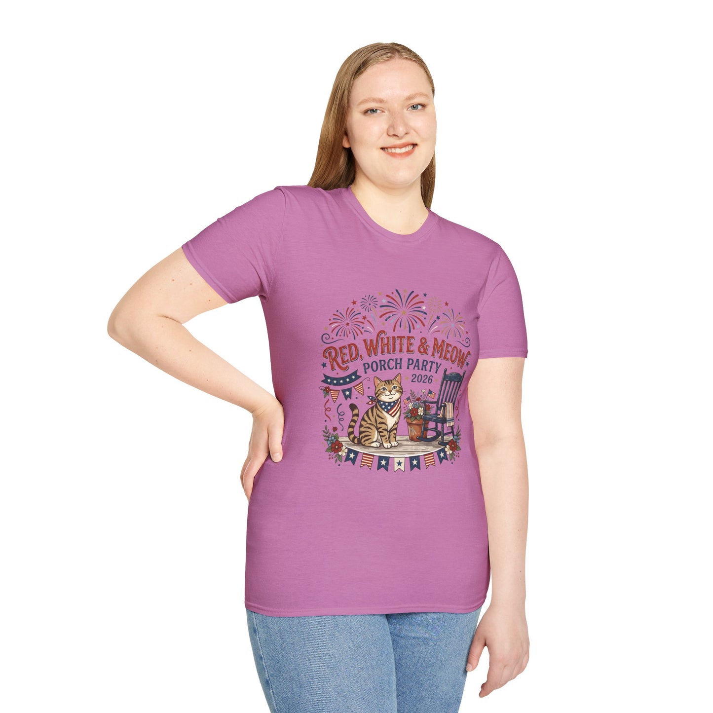Red, White & Meow Porch Party T-Shirt — 2026 Patriotic Cat Tee, 4th of July Shirt, Independence Day Gift