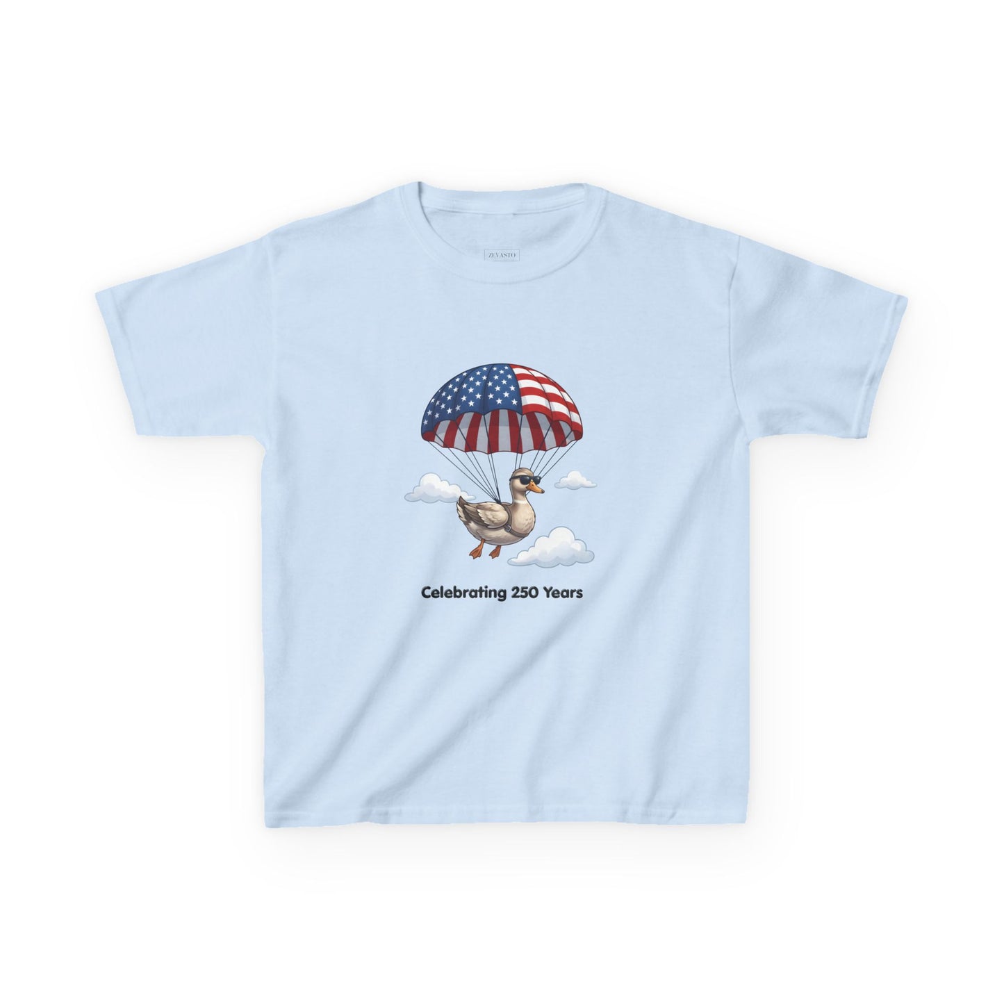 Kids Tee — Parachuting Duck, "Celebrating 250 Years"