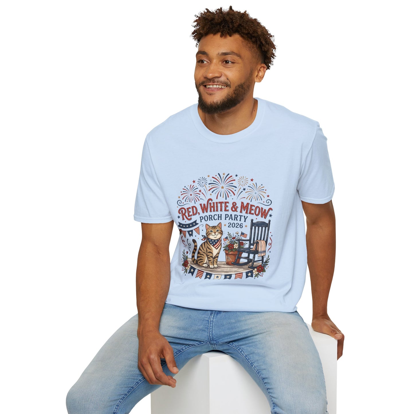 Red, White & Meow Porch Party T-Shirt — 2026 Patriotic Cat Tee, 4th of July Shirt, Independence Day Gift