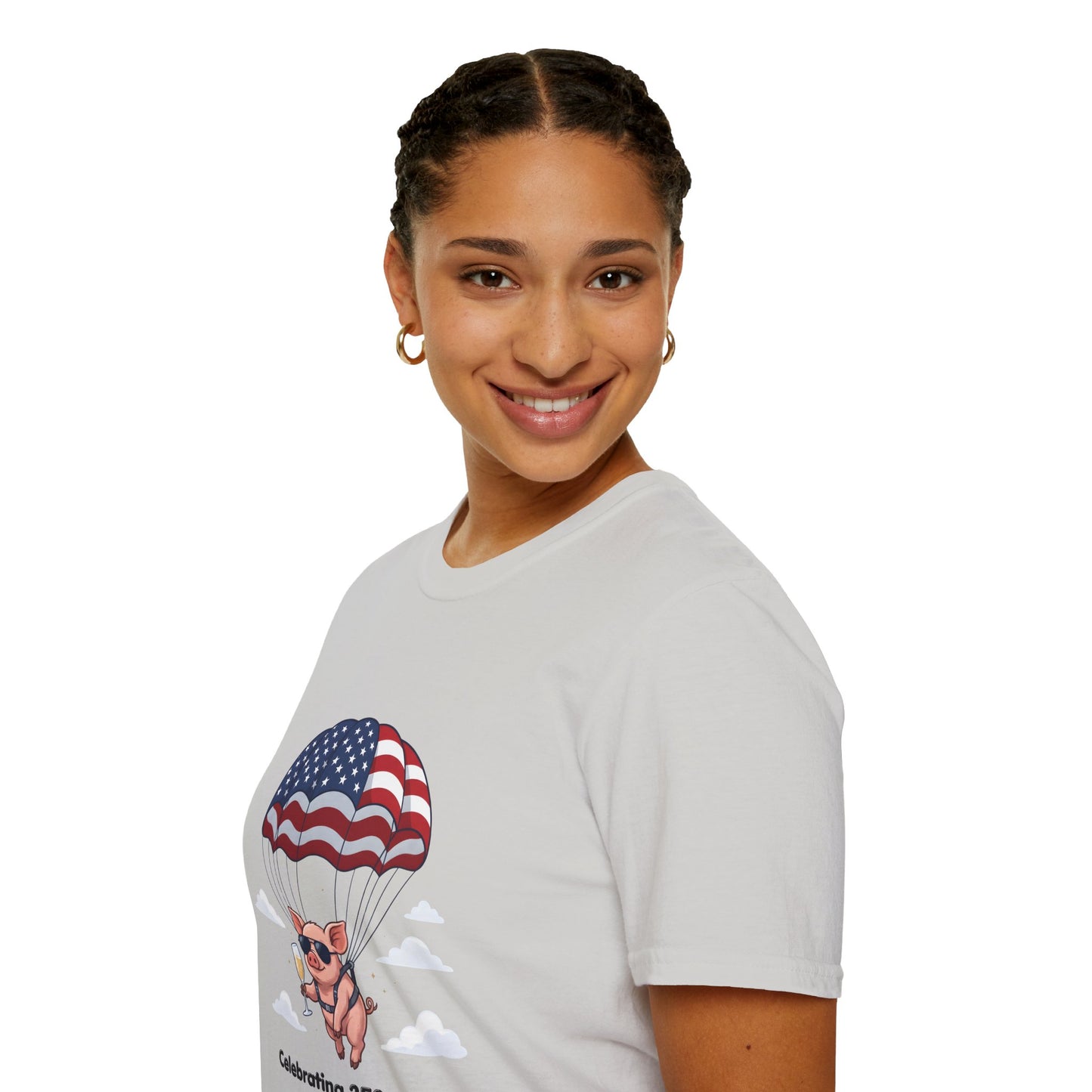 Patriotic Parachuting Piglet T-shirt - “Celebrating 250 Years”