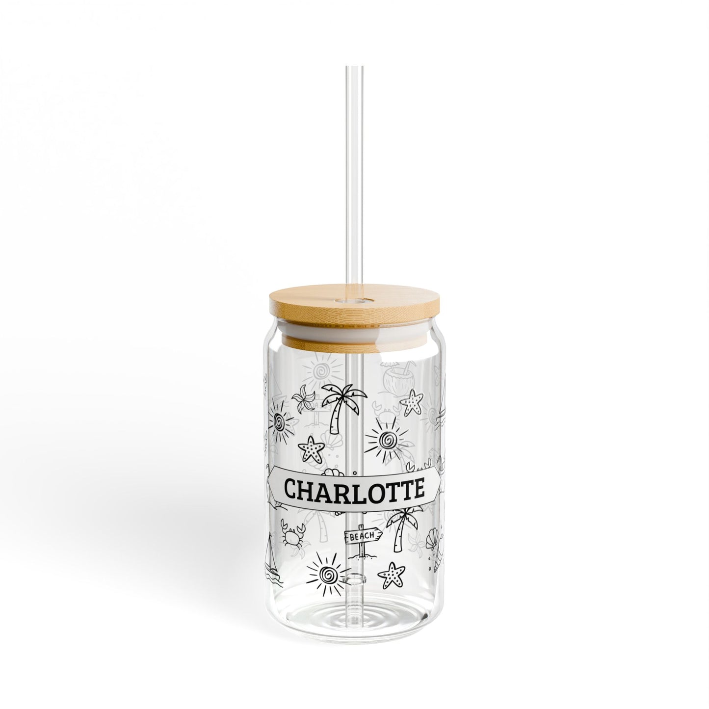 Personalized Beach Pattern Sipper Glass – 16oz Tumbler with Straw (Custom Name)