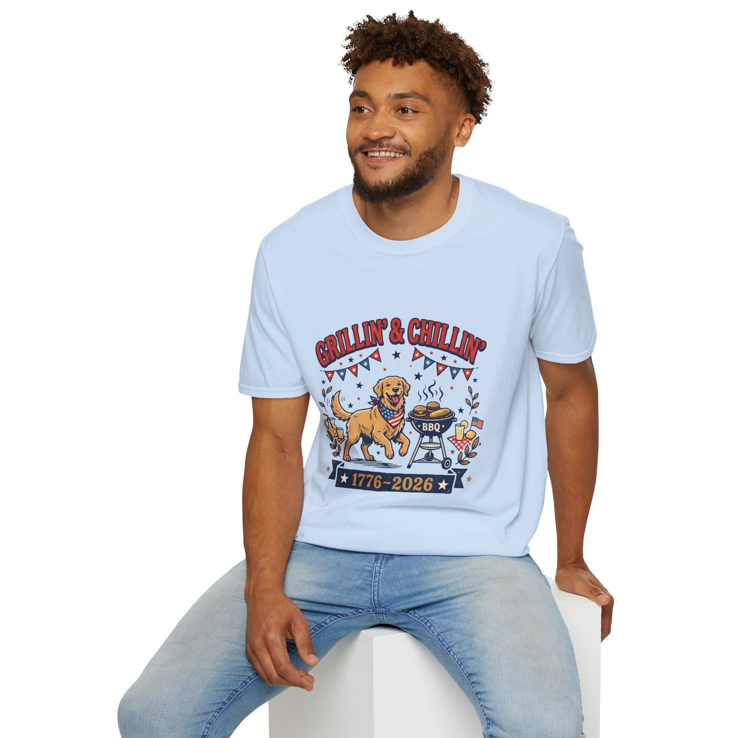 Grillin' & Chillin' BBQ Dog T-Shirt — 1776-2026 Patriotic Summer Tee, 4th of July Shirt, Independence Day Tee