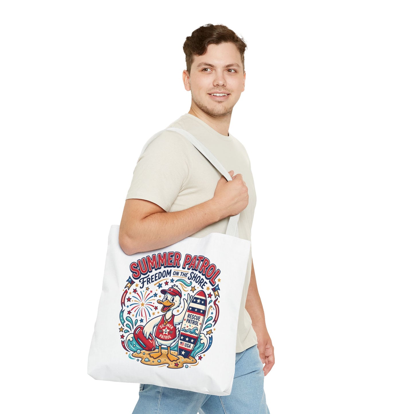 Summer Patrol Beach Tote Bag – 'Freedom on the Shore' Patriotic Design, 4th of July Gift