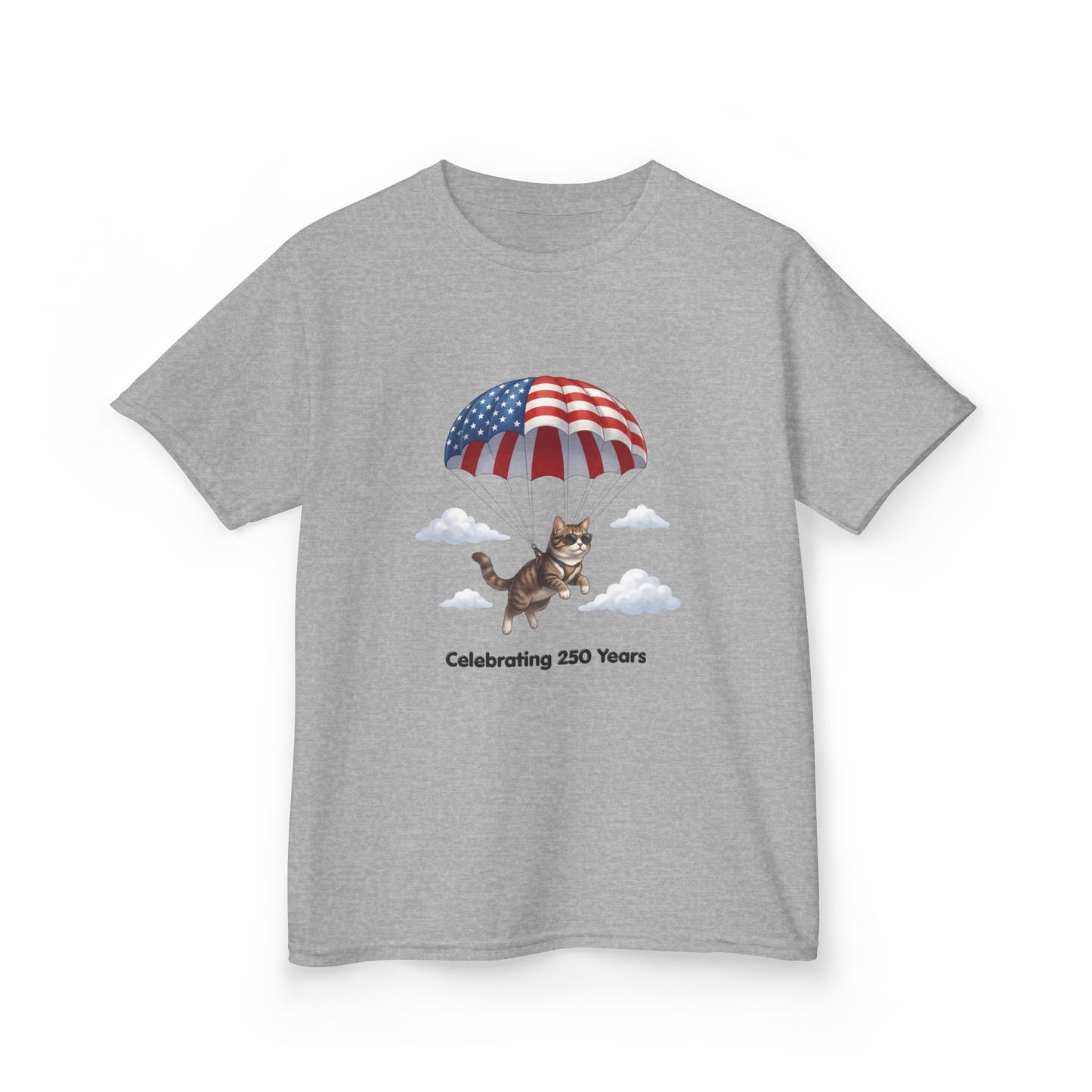 Kids Patriotic Parachuting Cat Tee — "Celebrating 250 Years"