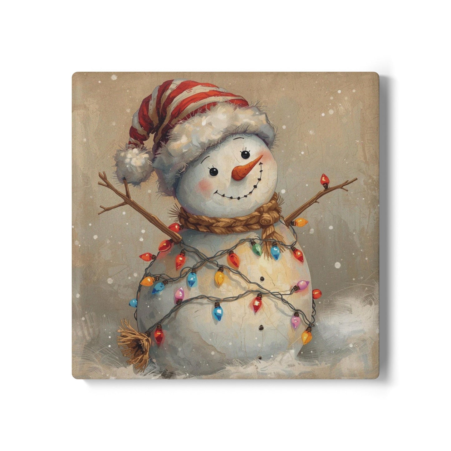 Vintage Christmas Coaster, Snowman Holiday Ceramic Coaster