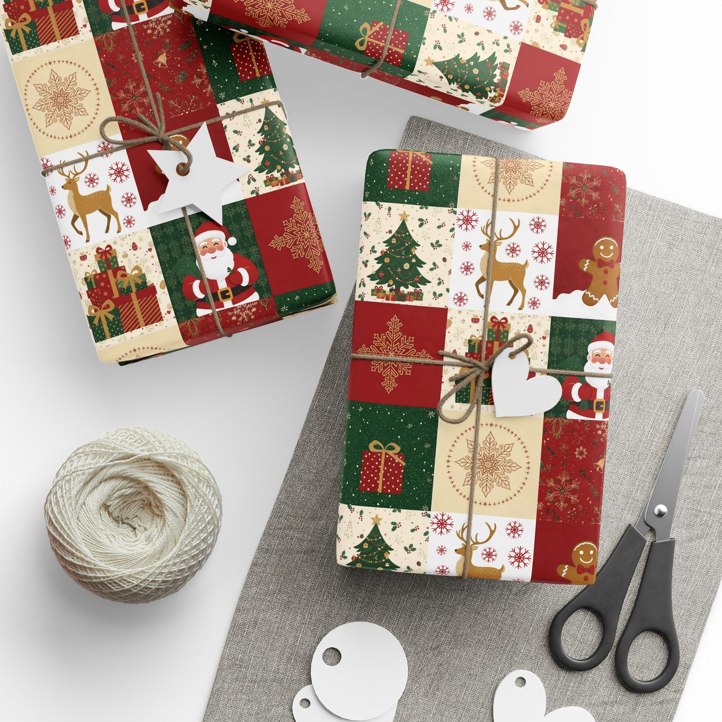 Christmas Patchwork Wrapping Paper Roll — Gingerbread, Trees & Red Green Christmas Pattern