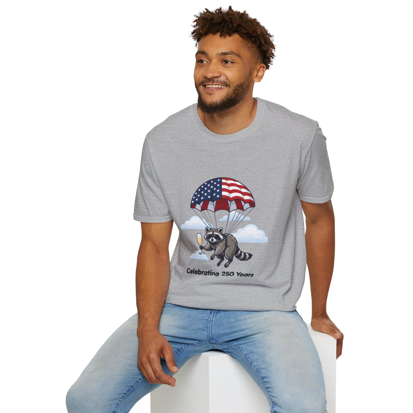 Patriotic Parachuting Raccoon T-Shirt — "Celebrating 250 Years"