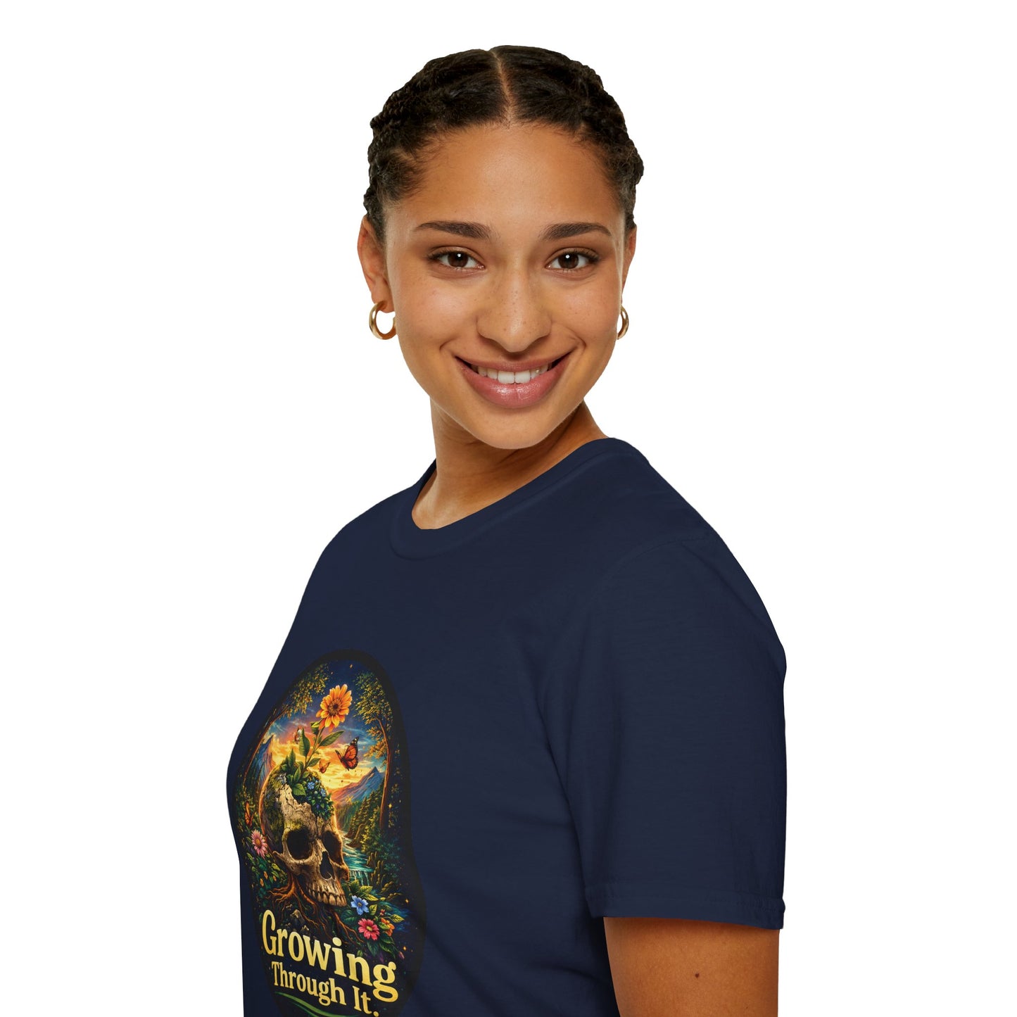 Growing Through It T-Shirt – Earth Day Nature Skull Graphic Tee | Mental Growth & Healing Shirt | Botanical Aesthetic Unisex Tee