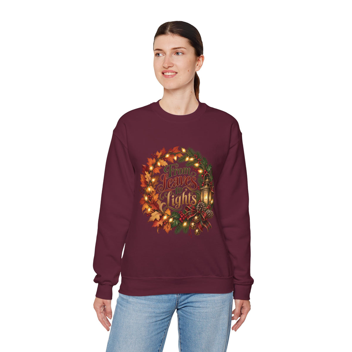 Christmas Crewneck Sweatshirt — "From Leaves to Lights" Autumn to Holiday Wreath Design