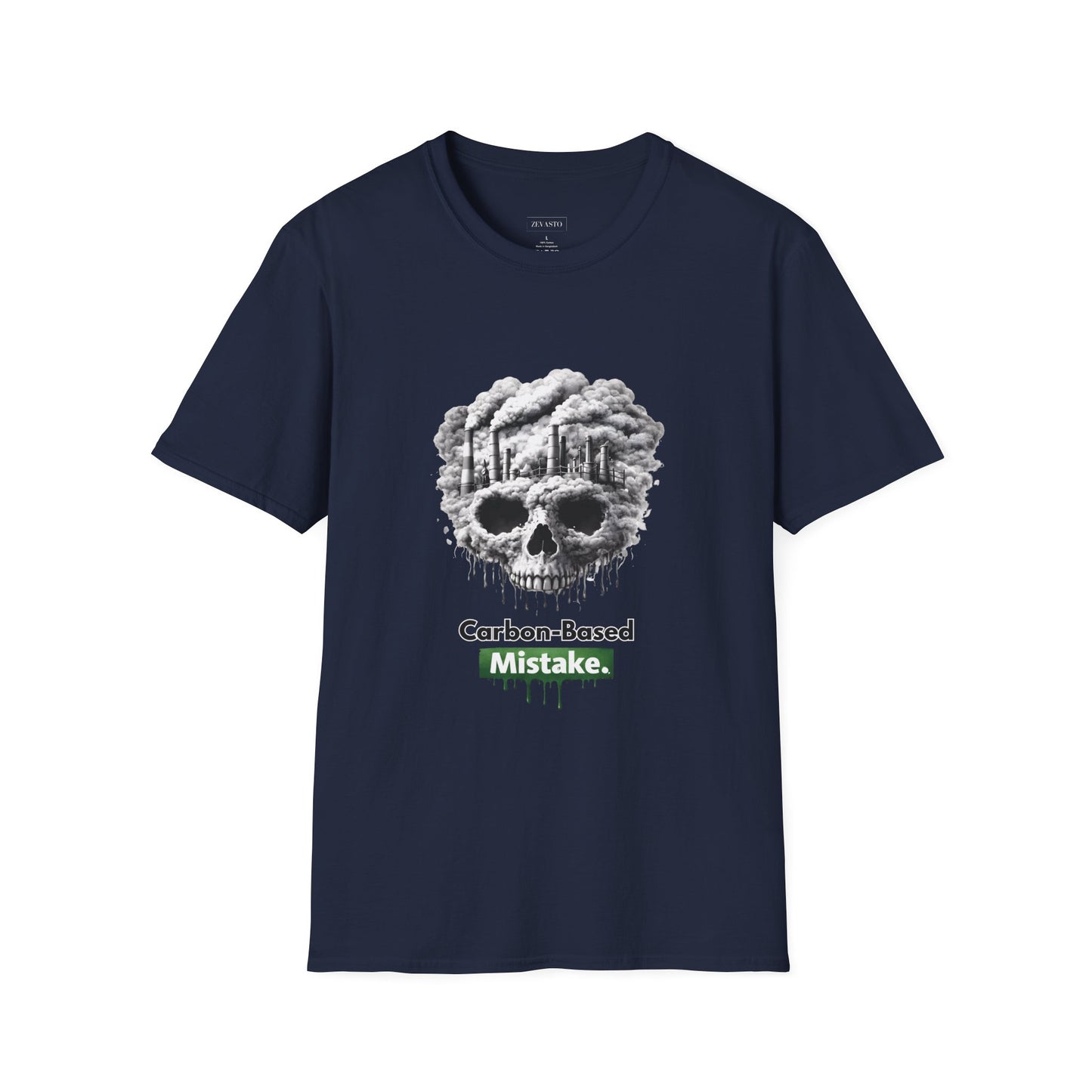 Carbon-Based Mistake Skull T-Shirt — Dark Humor Graphic Tee for Earth Day