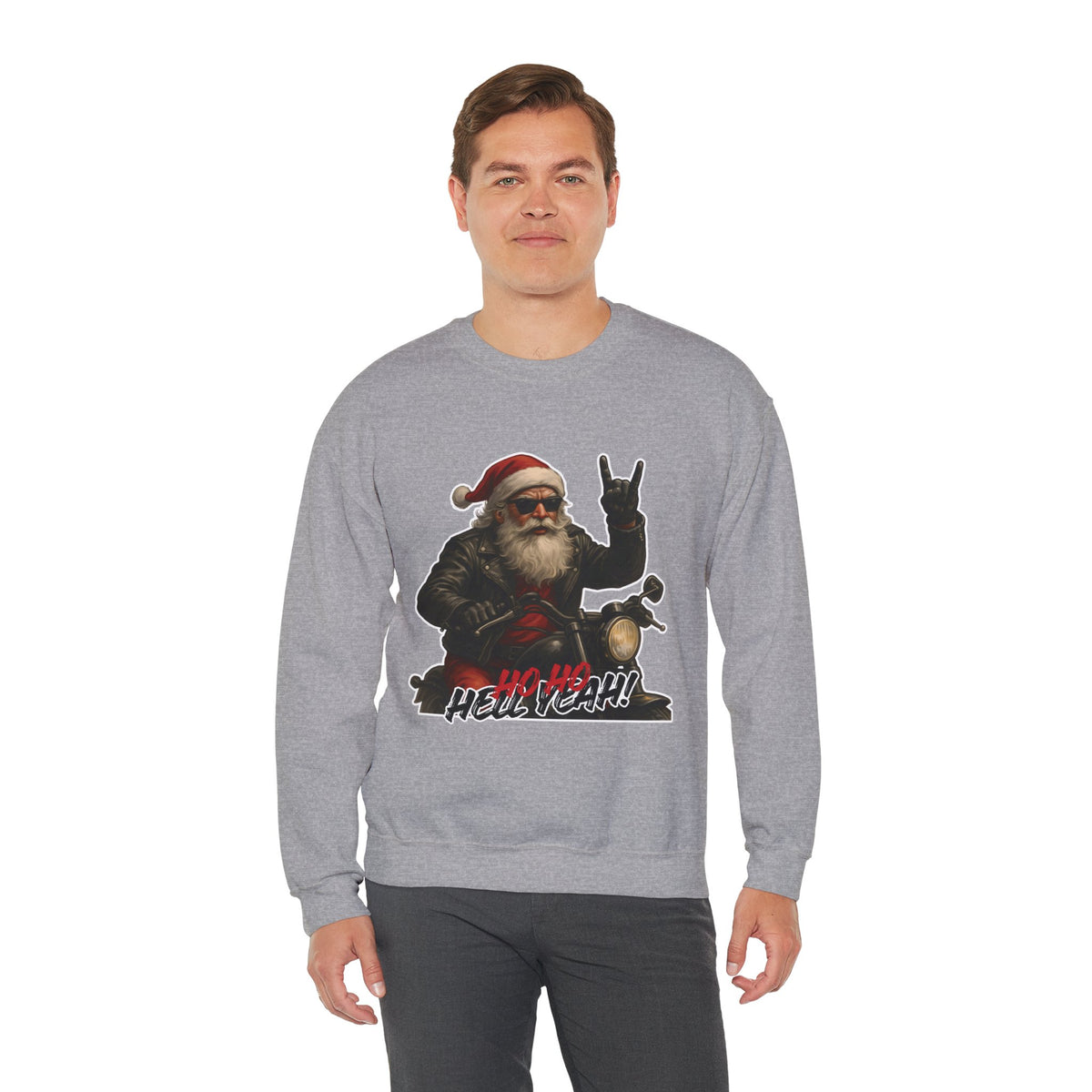 Santa Biker Crewneck Sweatshirt – 'Ho Ho Hell Yeah' Christmas Motorcycle Pullover