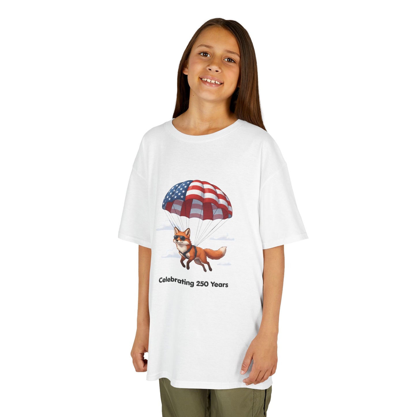 Kids Tee — Patriotic Fox with Parachute - “Celebrating 250 Years”