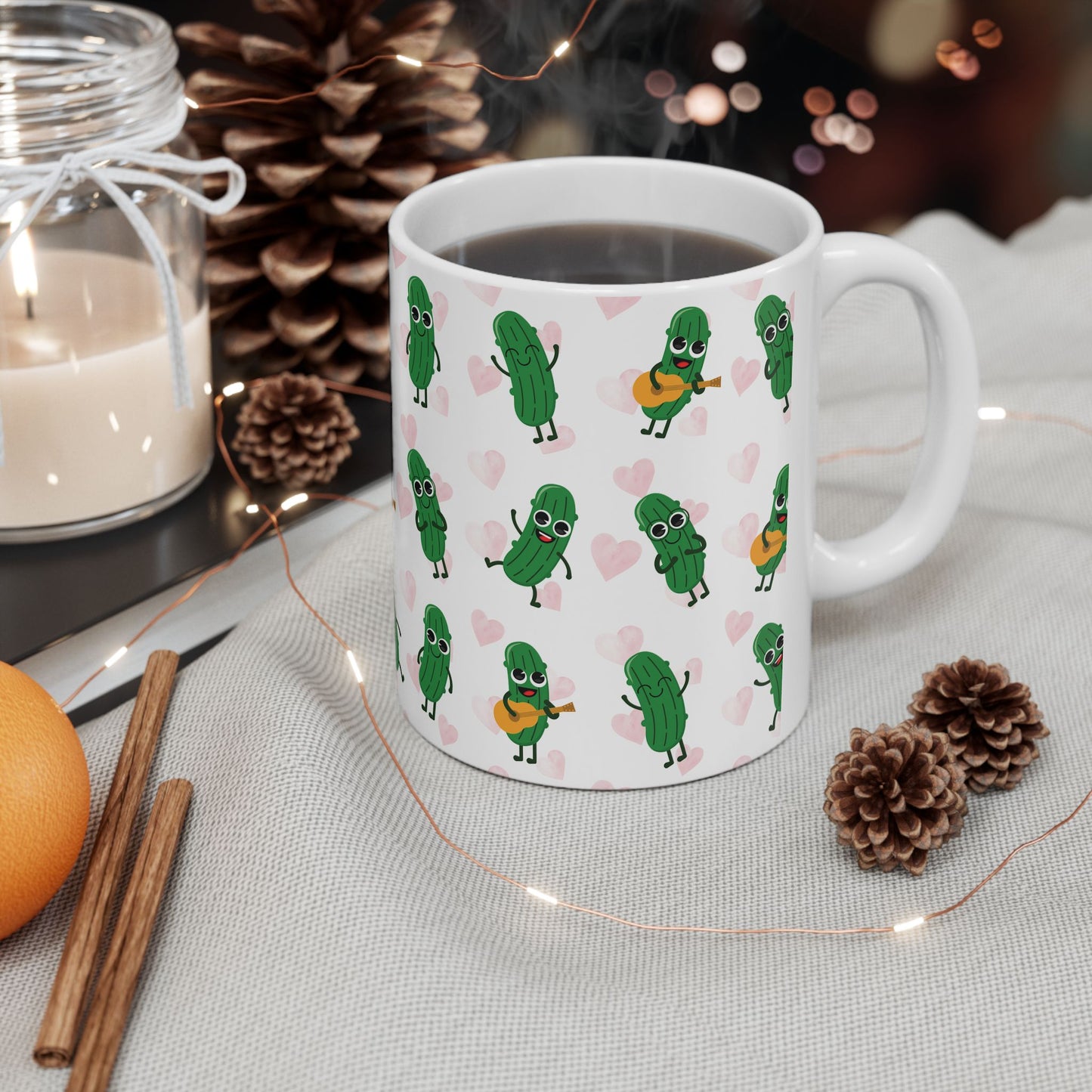 Pickle Love Ceramic Mug — Cute Dancing Pickles Pattern (11oz)