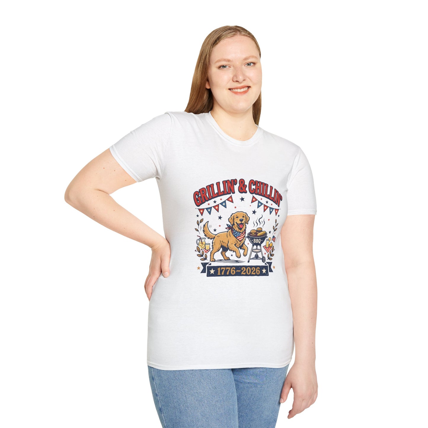 Grillin' & Chillin' BBQ Dog T-Shirt — 1776-2026 Patriotic Summer Tee, 4th of July Shirt, Independence Day Tee