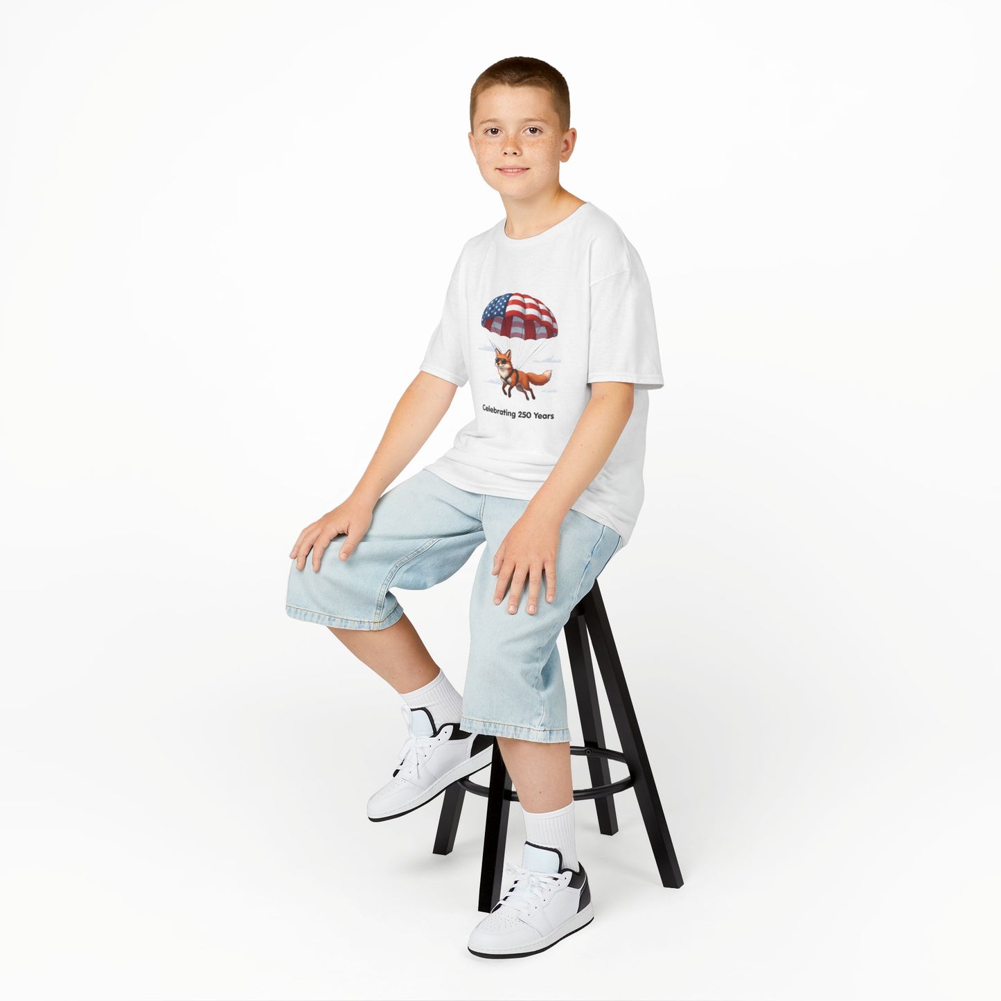Kids Tee — Patriotic Fox with Parachute - “Celebrating 250 Years”