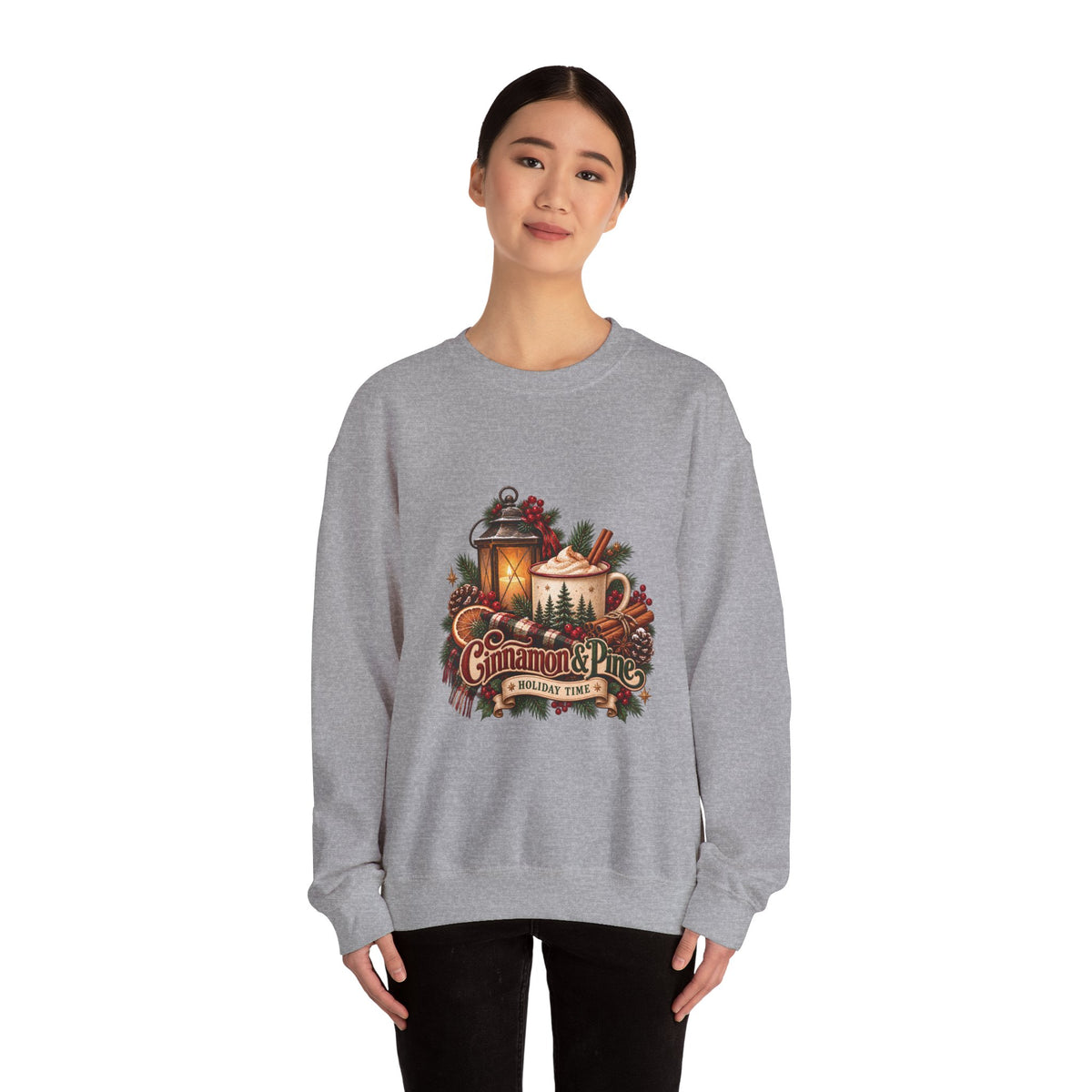 Cinnamon & Pine Crewneck Sweatshirt — Cozy Holiday Lantern Design Sweatshirt