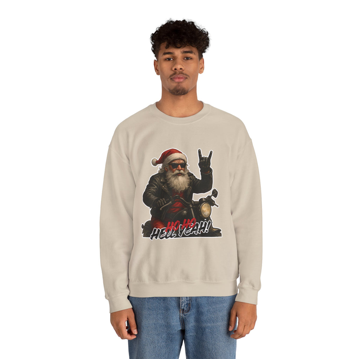 Santa Biker Crewneck Sweatshirt – 'Ho Ho Hell Yeah' Christmas Motorcycle Pullover